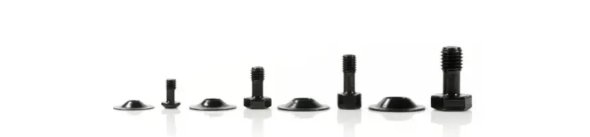 Sechs schwarze Savetix-Schrauben mit Savetix-Scheiben in verschiedenen Köpfen, Slideshow zeigt unverlierbare Savetix-Schraubenverbindungen.