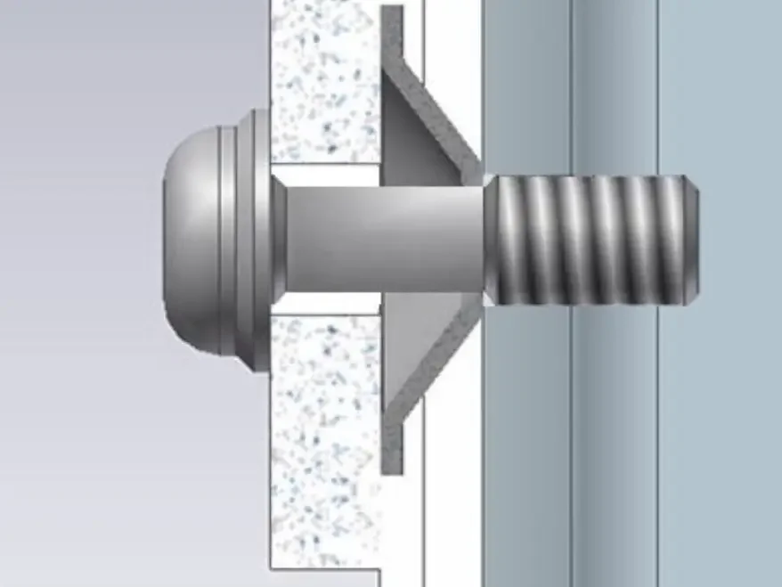 Querschnitt einer Befestigung mit Savetix-Schraube und Savetix-Scheibe.
